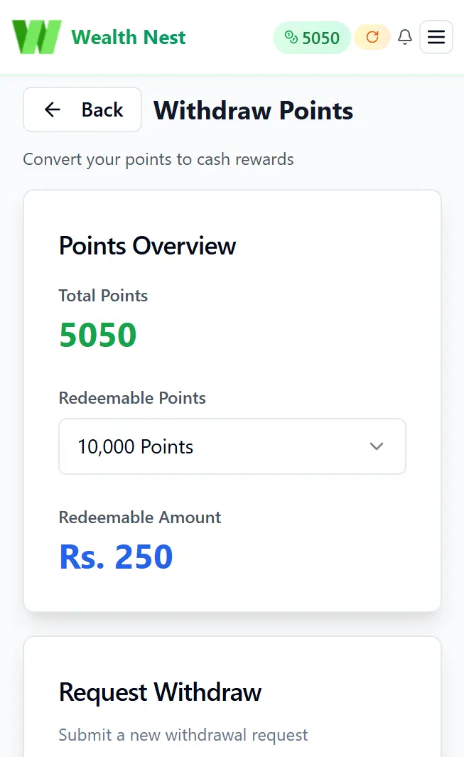 WealthNest worker dashboard showing points and rewards